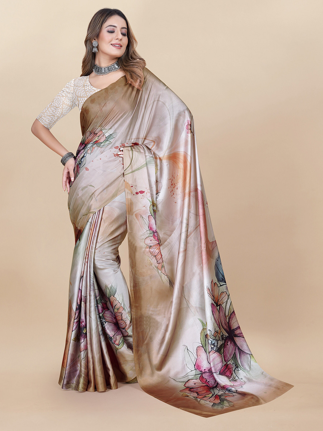 

KIMISHA Floral Printed Satin Saree, Brown