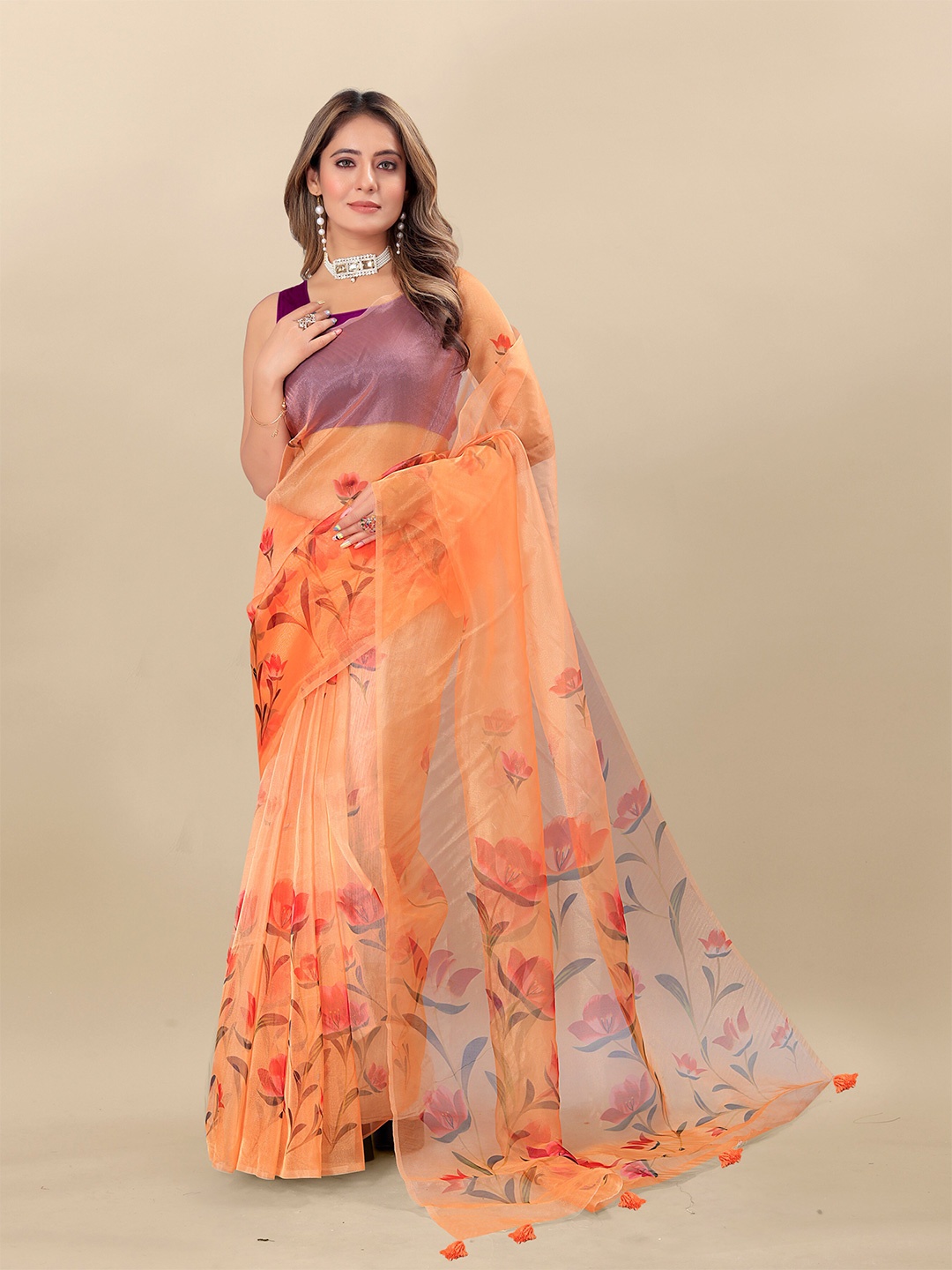 

KIMISHA Floral Printed Organza Saree, Orange