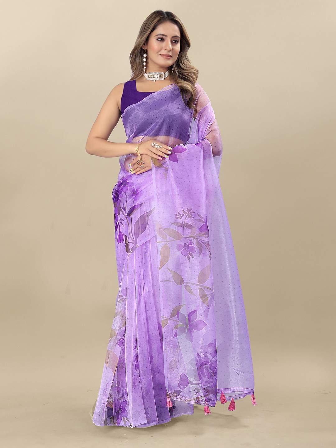 

KIMISHA Floral Printed Organza Saree, Purple