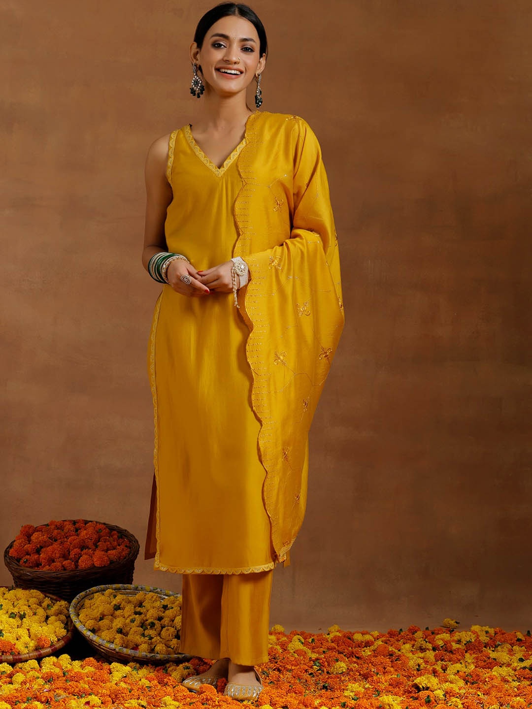 

Libas Floral Yoke Design High Slit Sequinned Kurta With Trousers & Dupatta, Mustard