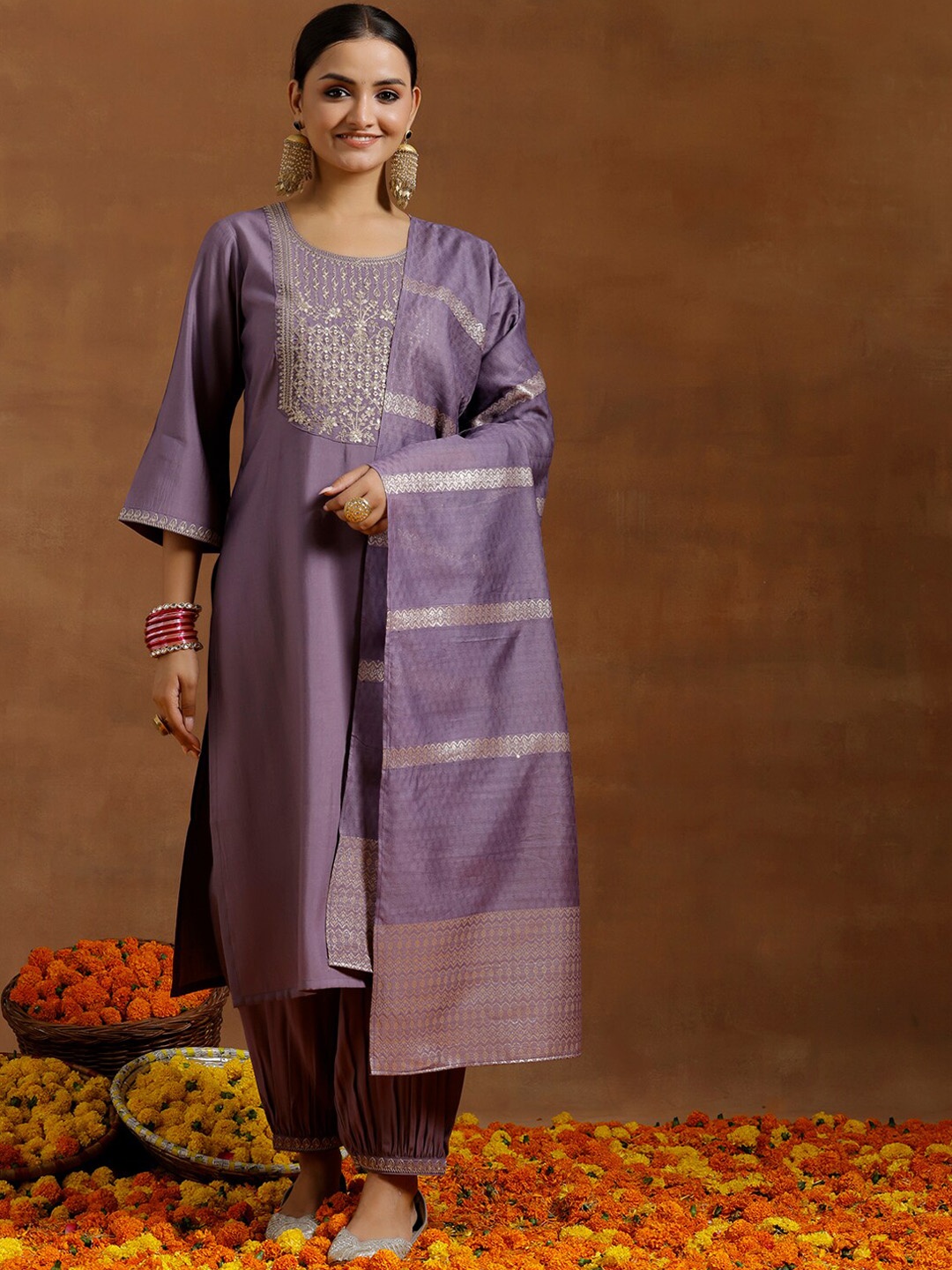 

Libas Floral Yoke Design Regular Kurta With Salwar & Dupatta, Purple