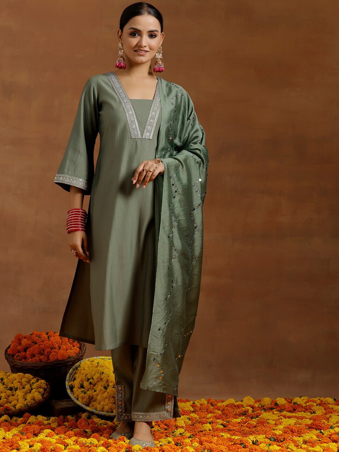 

Libas Floral Yoke Design Regular Sequinned Kurta With Trousers & Dupatta, Olive