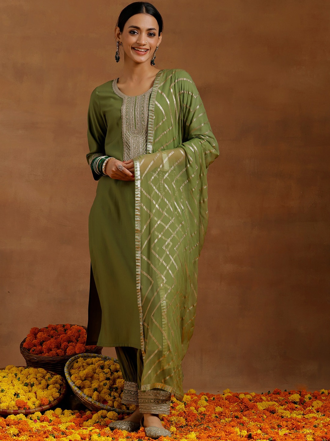 

Libas Floral Yoke Design Regular Kurta With Salwar & Dupatta, Green