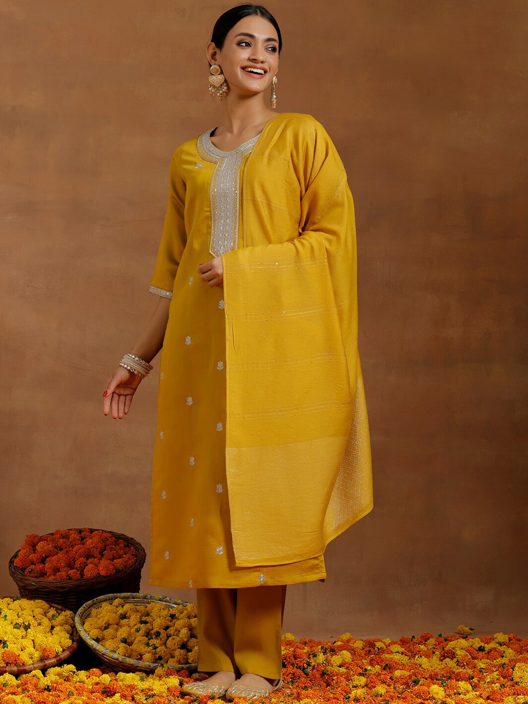 

Libas Floral Embroidered Regular Sequinned Straight Kurta With Trousers & Dupatta, Mustard