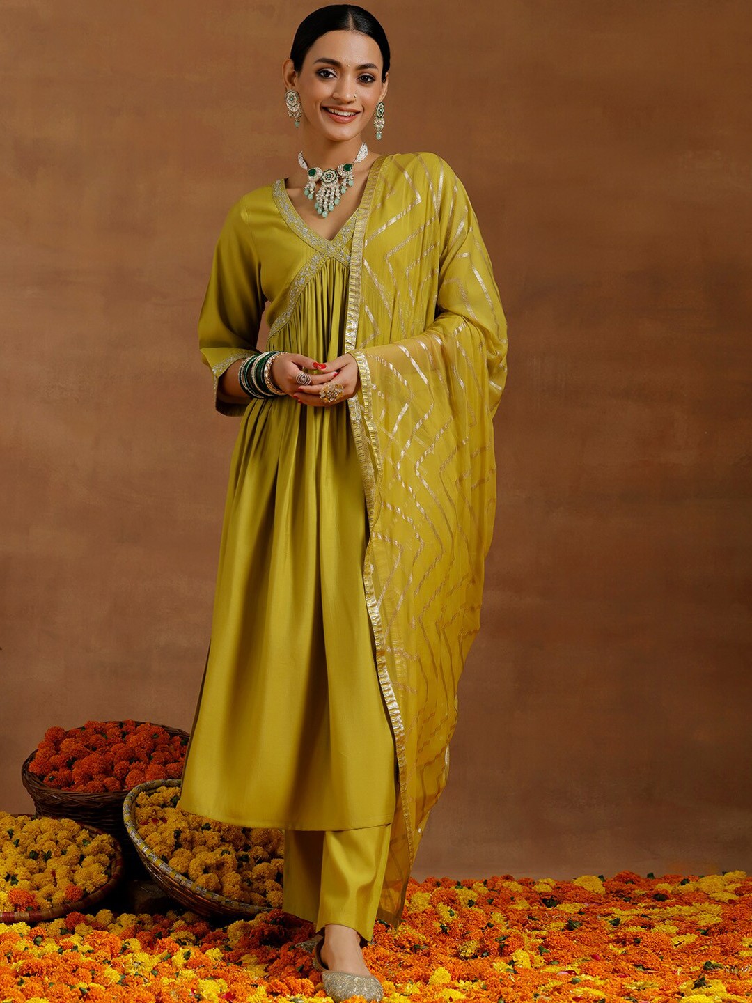 

Libas Floral Yoke Design Pleated Kurta With Trousers & Dupatta, Olive
