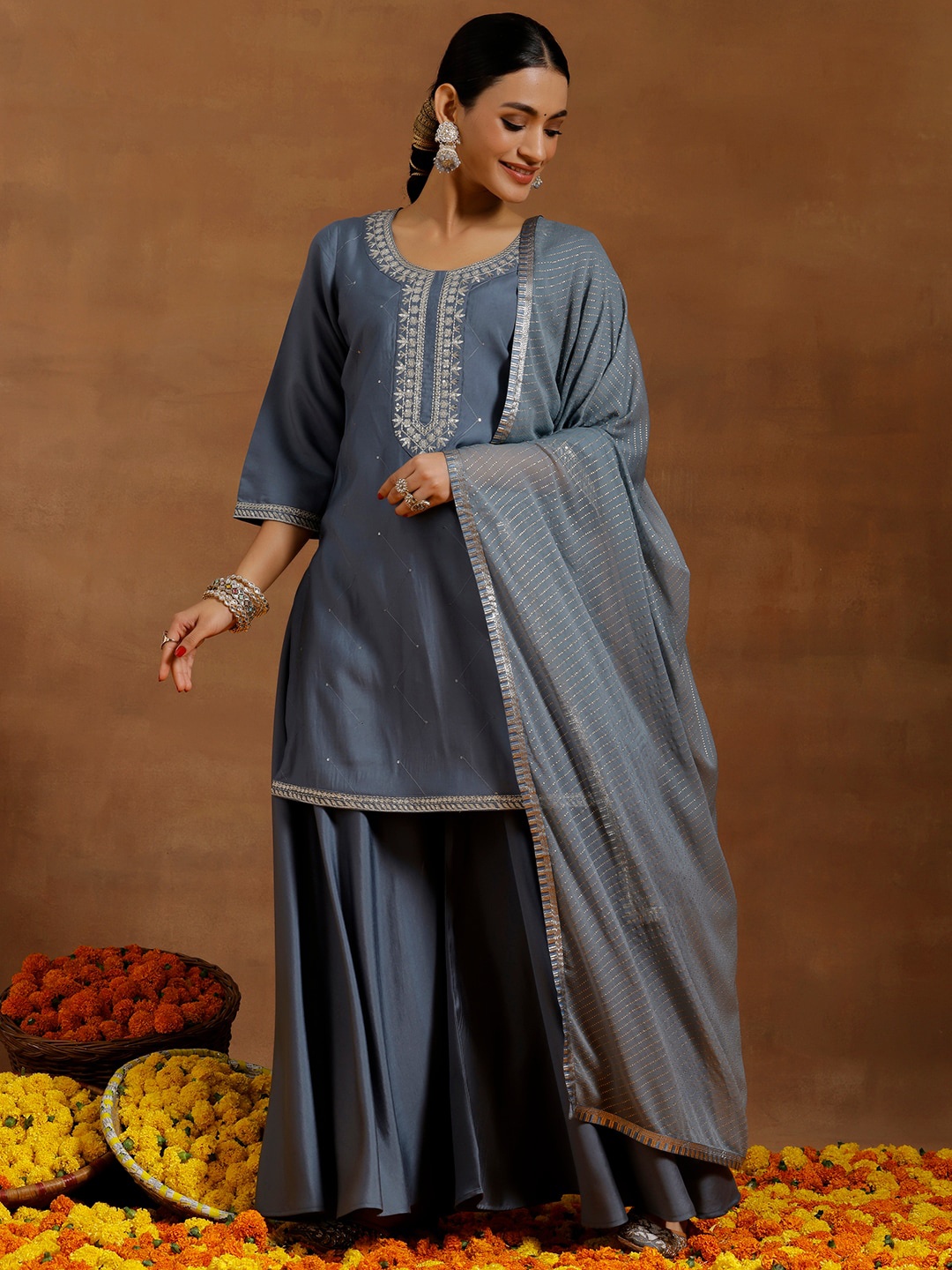 

Libas Floral Yoke Design Sequinned Straight Kurta With Palazzos & Dupatta, Grey