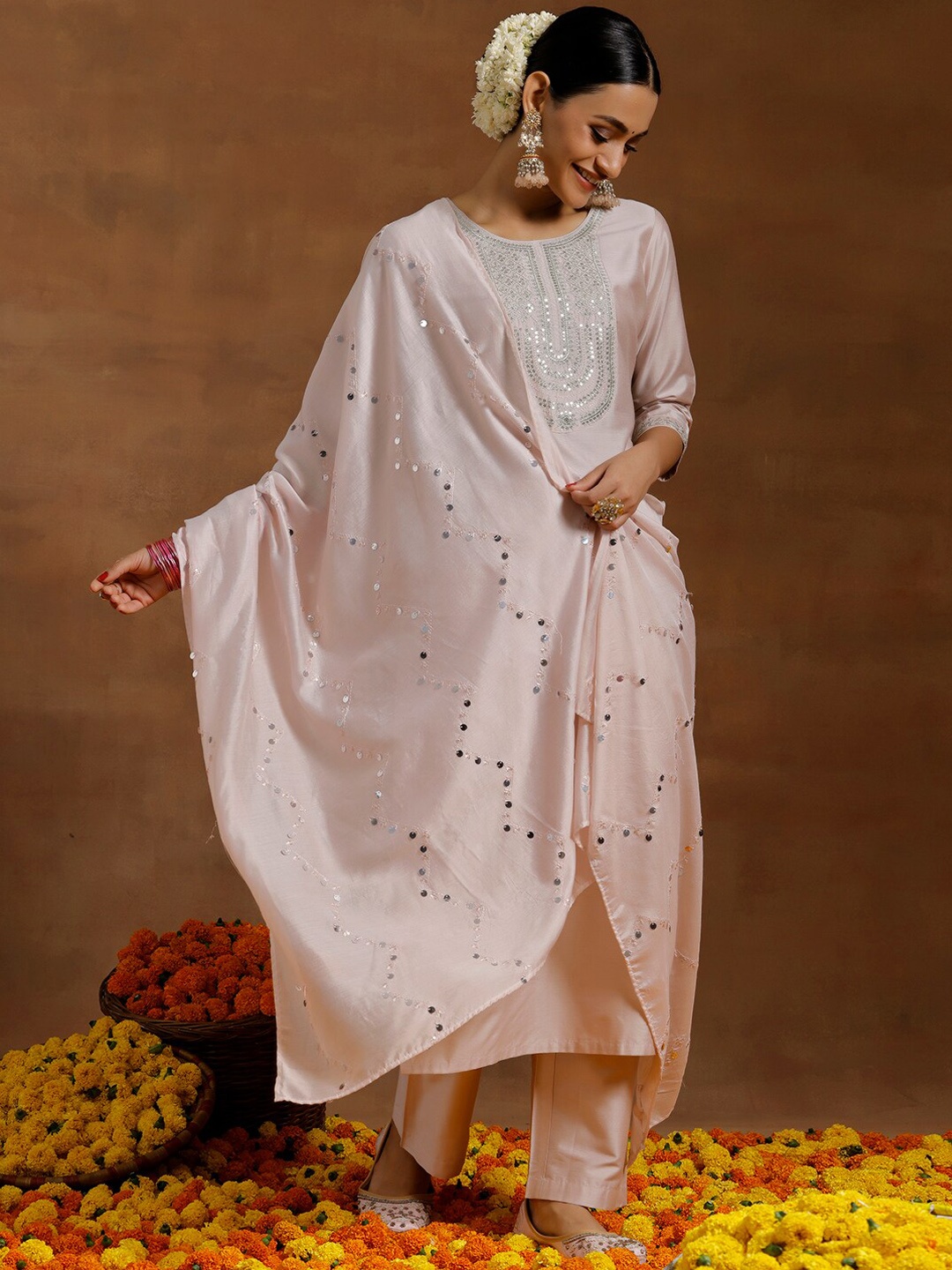 

Libas Floral Yoke Design Sequinned Straight Kurta With Trousers & Dupatta, Pink