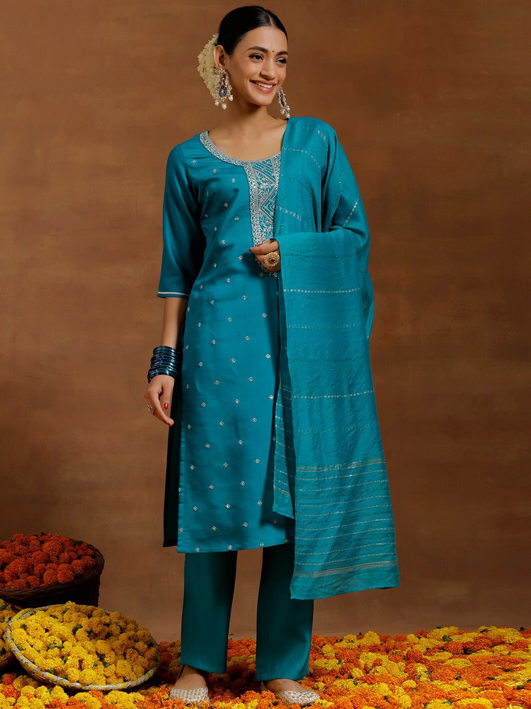 

Libas Floral Embroidered Sequinned Kurta With Trousers & Dupatta, Teal