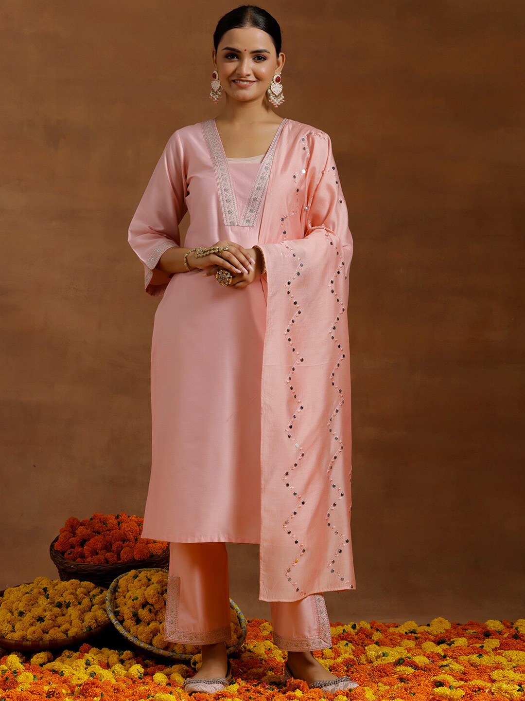 

Libas Floral Yoke Design Sequinned Straight Kurta With Trousers & Dupatta, Peach