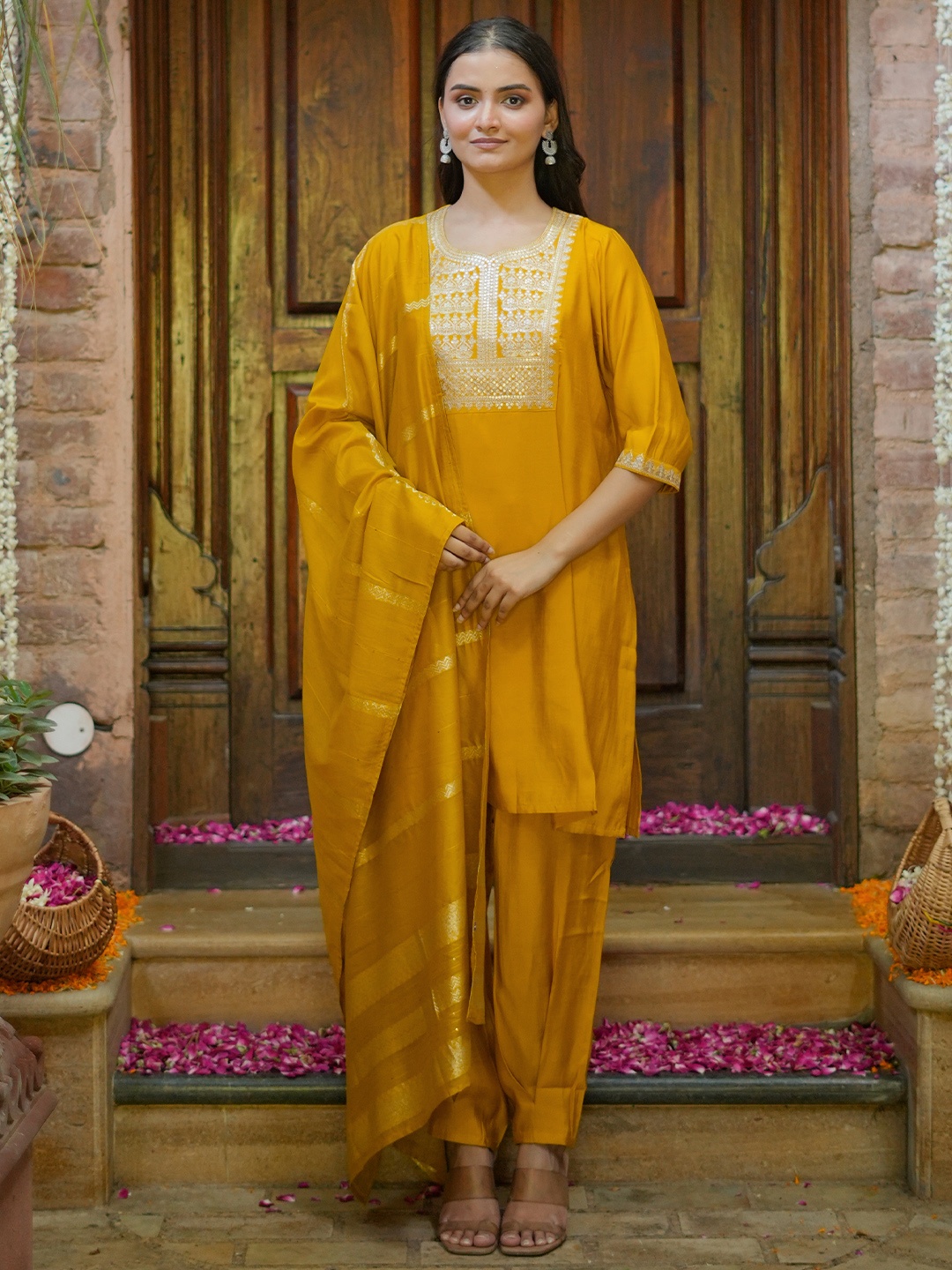 

Libas Floral Yoke Design Sequinned Straight Kurta With Salwar & Dupatta, Yellow