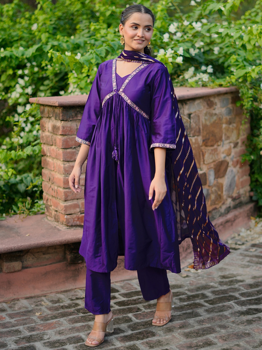 

Libas Zari Empire A-Line Kurta With Trousers & Dupatta, Purple
