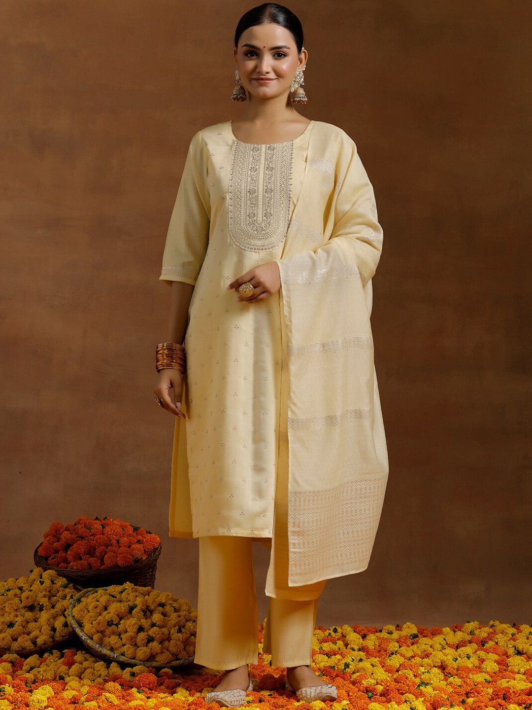 

Libas Floral Embroidered Zari Straight Kurta With Trousers & Dupatta, Yellow