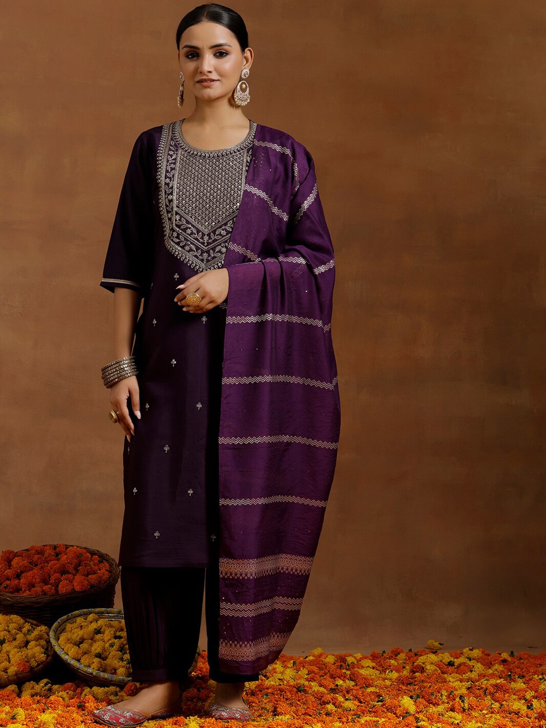 

Libas Floral Embroidered Sequinned Straight Kurta With Salwar & Dupatta, Purple