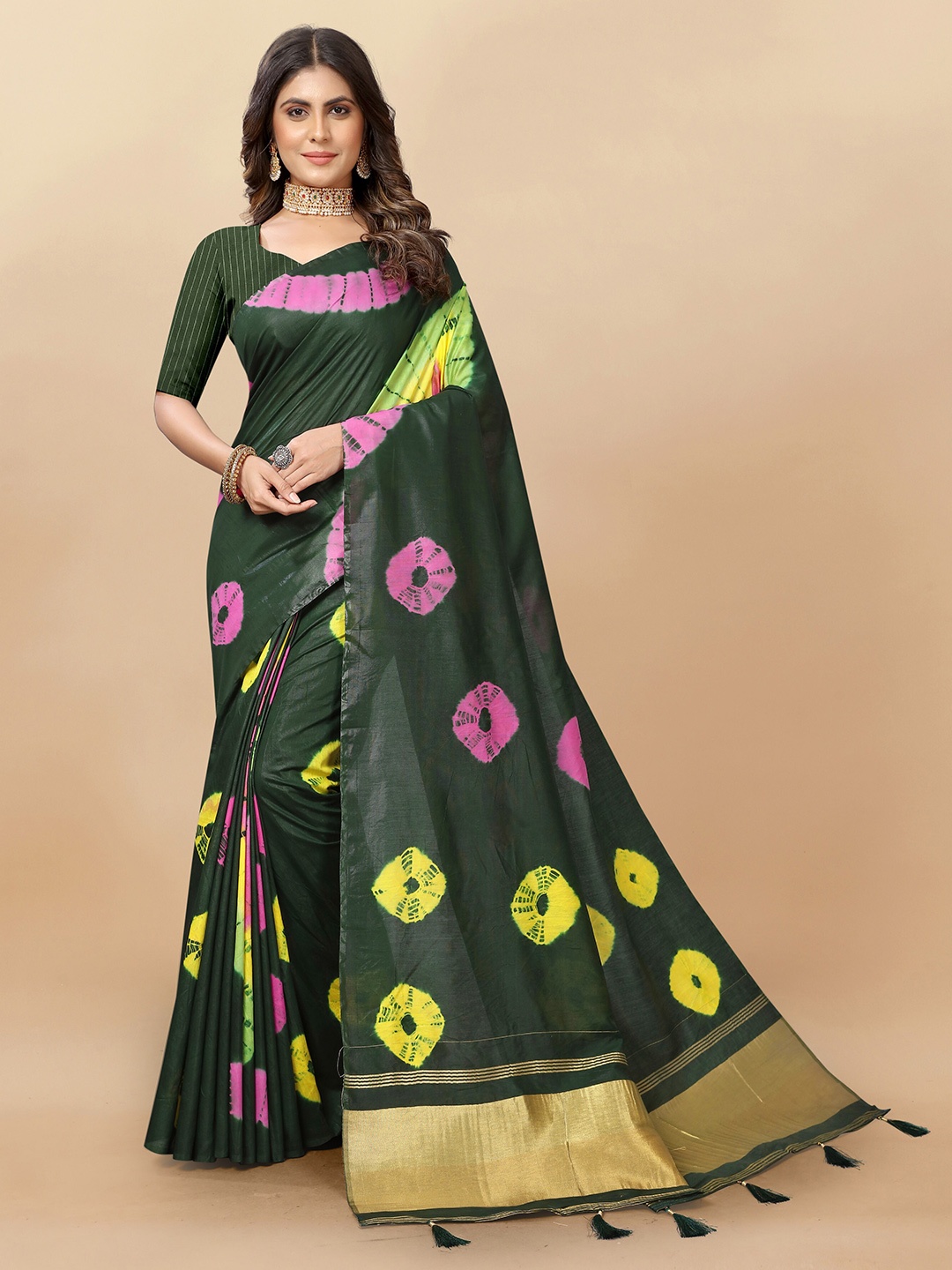 

KIMISHA Zari Pure Cotton Bandhani Saree With Blouse Piece, Green