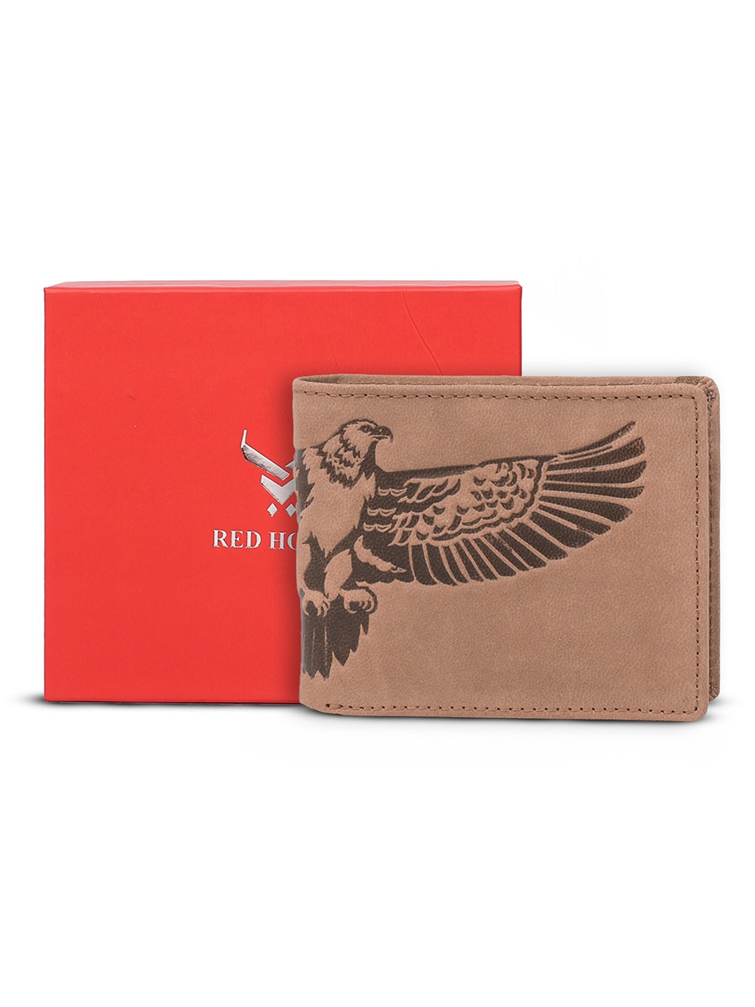 

REDHORNS Men Animal Printed Embossed Design Leather RFID Two Fold Wallet, Camel brown