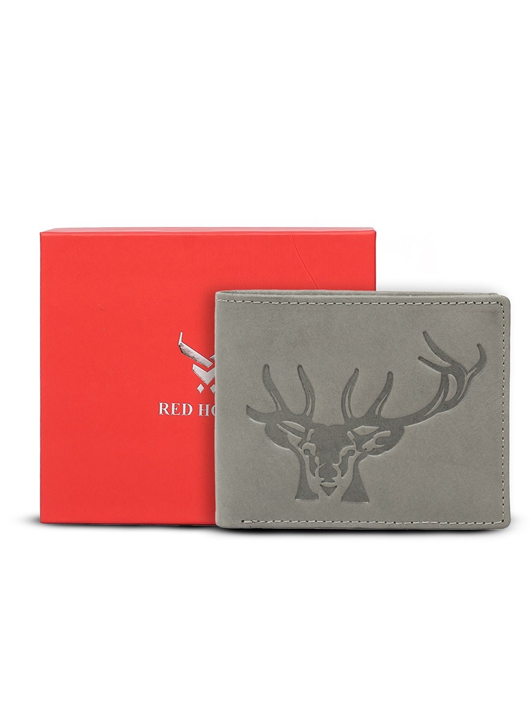 

REDHORNS Men Animal Printed Leather Two Fold Wallet, Grey melange