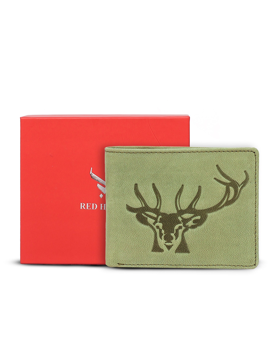 

REDHORNS Men Animal Printed Leather Two Fold Wallet, Green