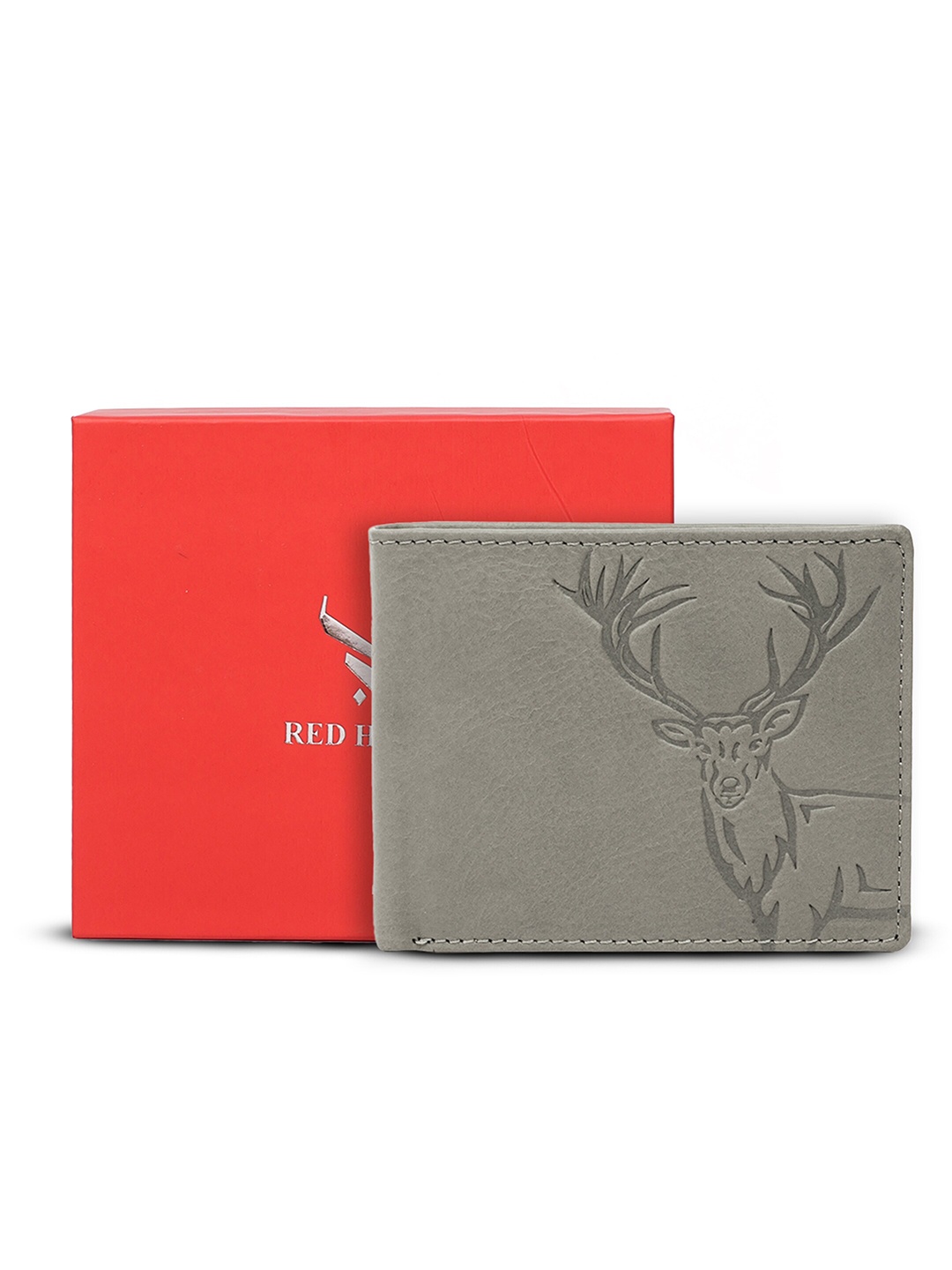 

REDHORNS Men Printed Embossed RFID Leather Two Fold Wallet, Grey melange