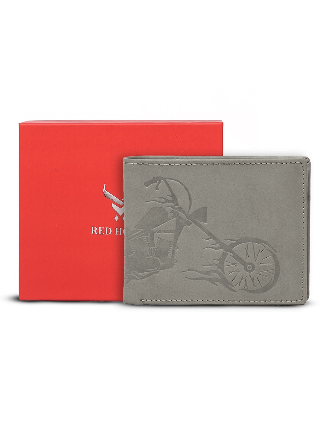 

REDHORNS Men Printed Embellished Leather Two Fold Wallet, Grey melange