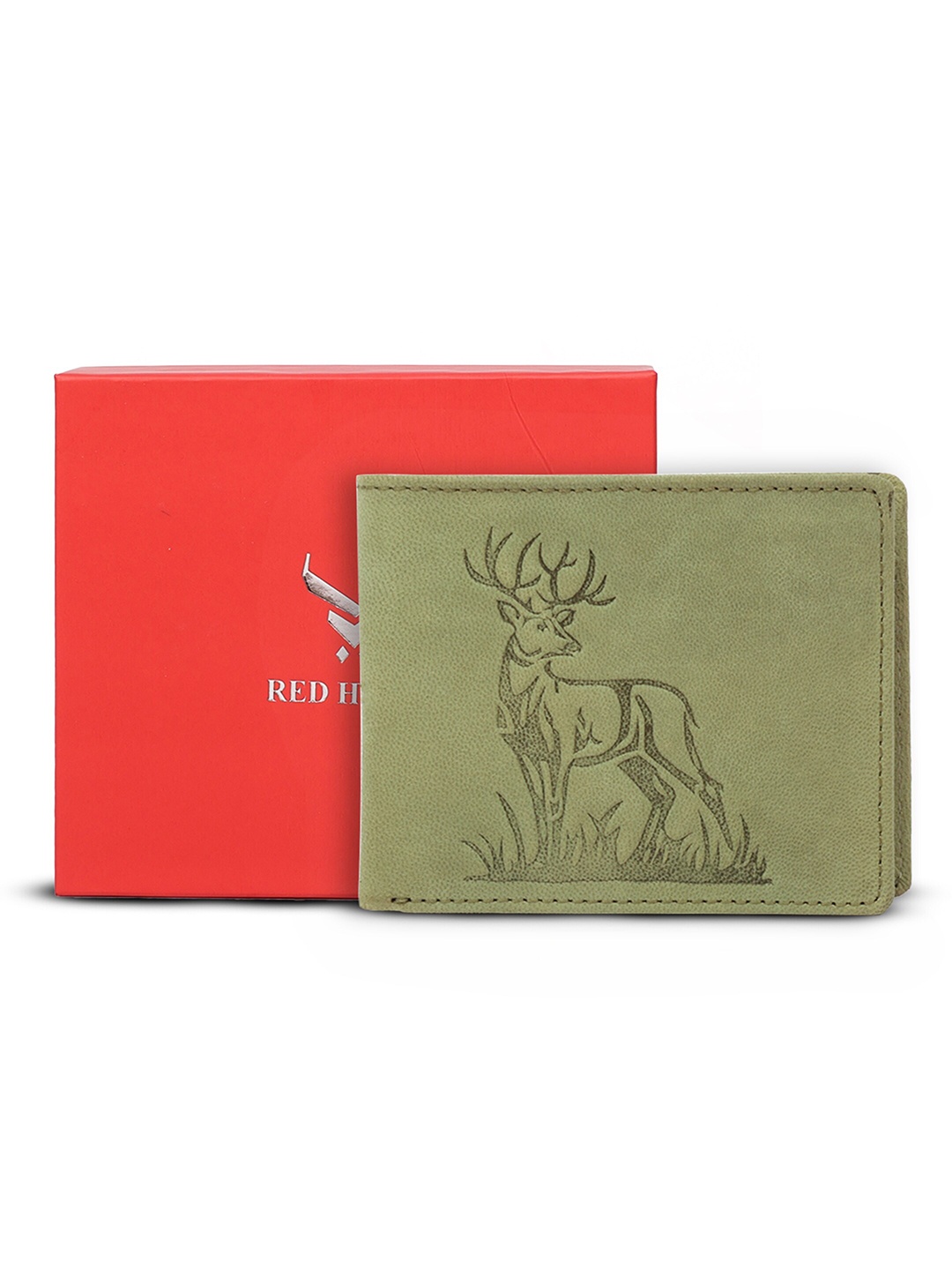 

REDHORNS Men Printed Leather Two Fold Wallet, Green