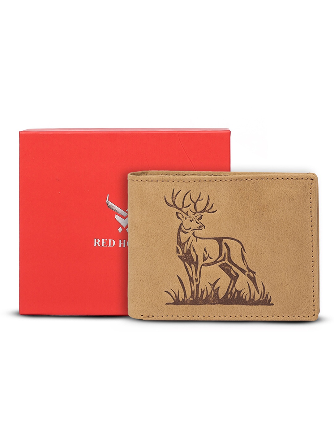 

REDHORNS Men Animal Printed Leather Two Fold Wallet, Tan