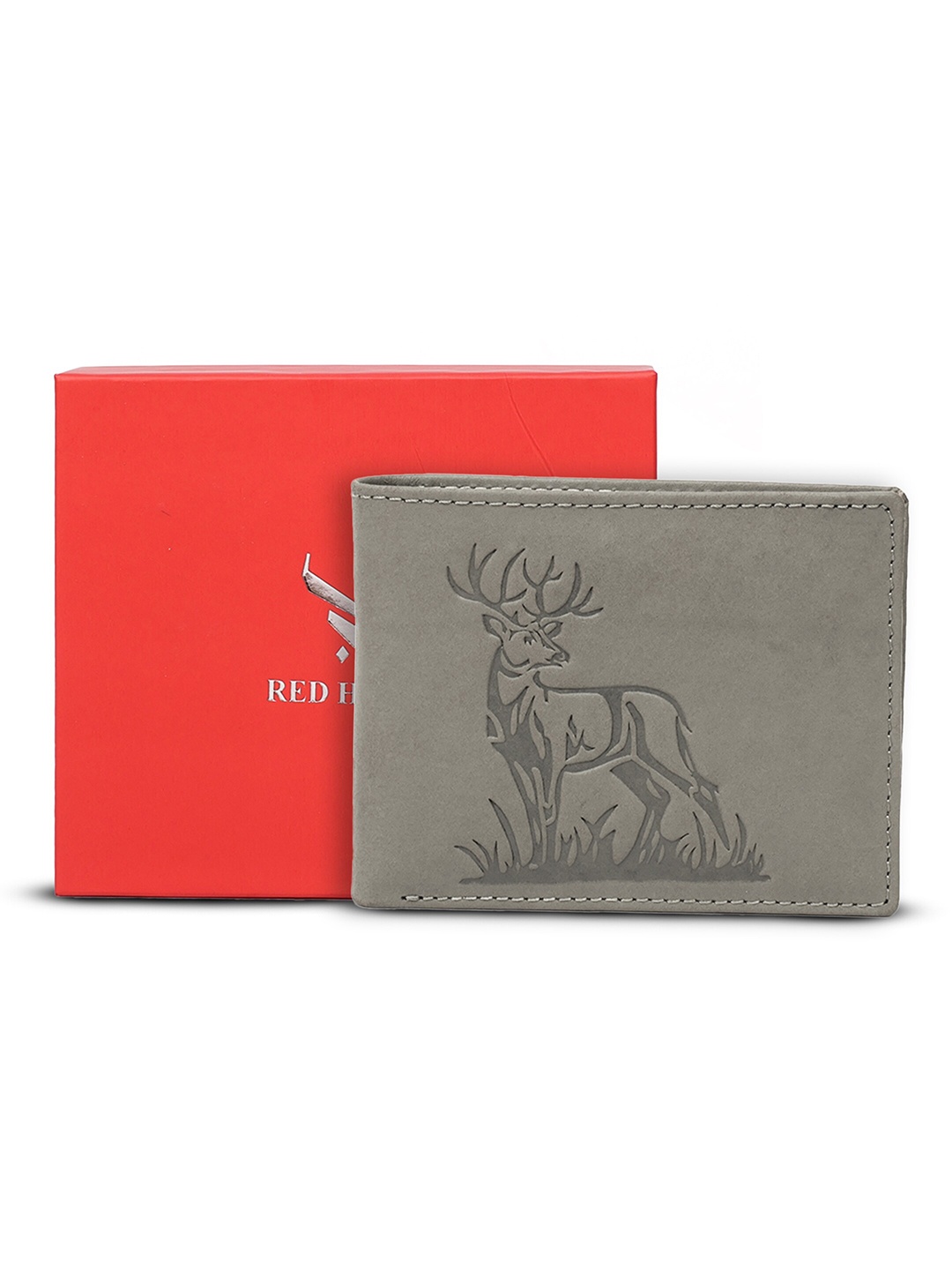 

REDHORNS Men Animal Printed Leather Two Fold Wallet, Grey melange