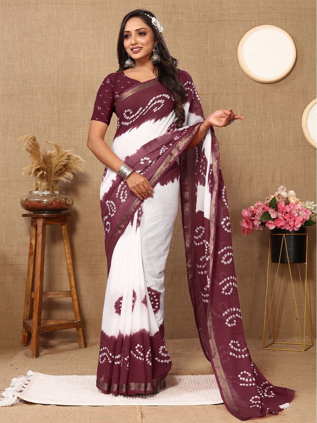 

KIMISHA Pure Cotton Bandhani Saree With Blouse Piece, Maroon
