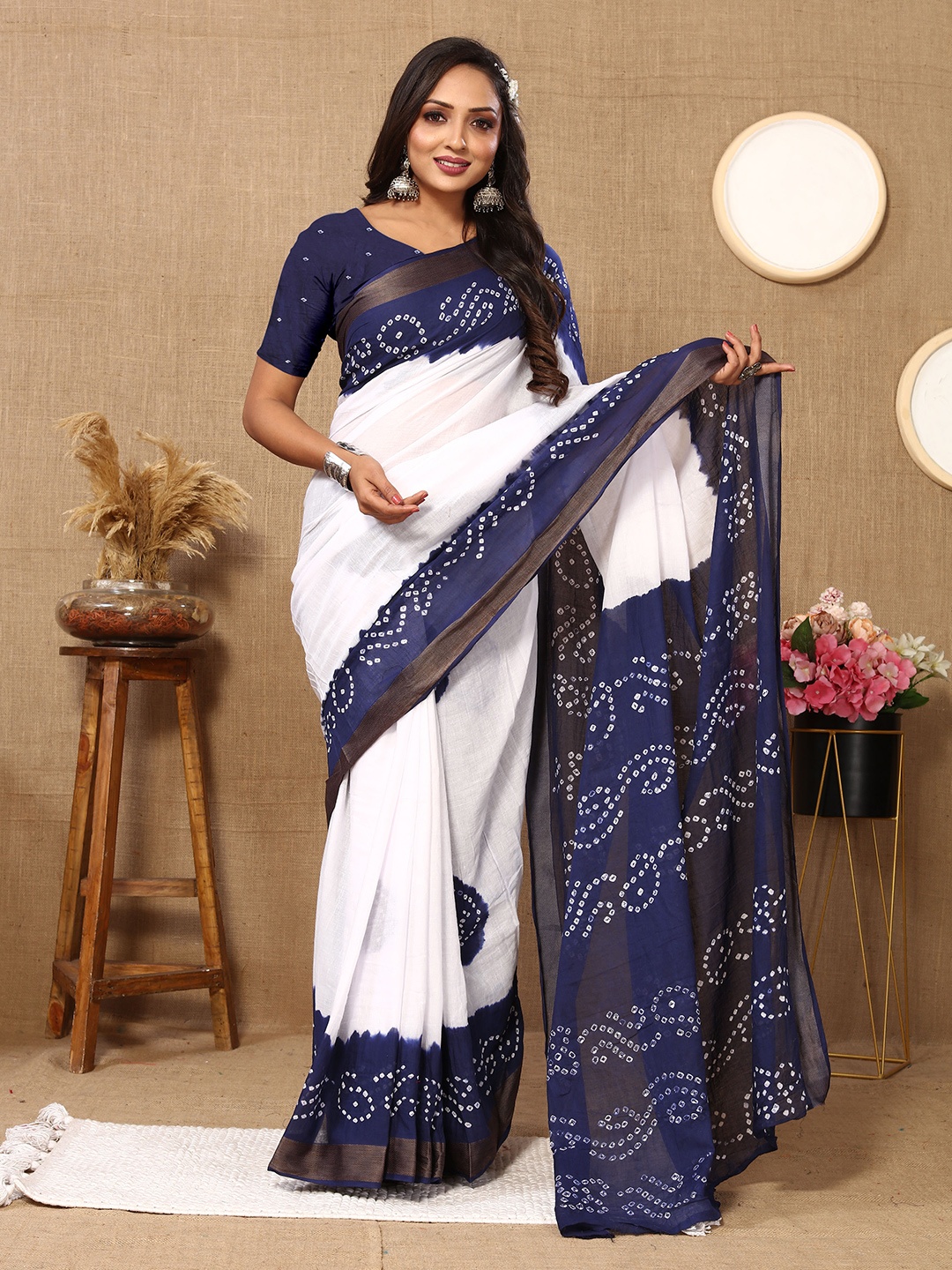 

KIMISHA Bandhani Zari Pure Cotton Saree With Blouse Piece, Blue