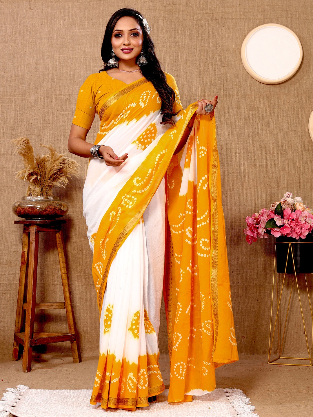 

KIMISHA Bandhani Zari Pure Cotton Saree With Blouse Piece, Yellow