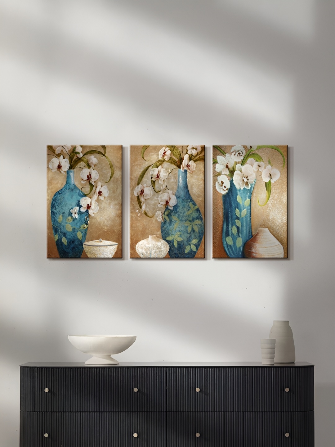

999Store Brown & Blue 3 Pieces Canvas Floral and Botanical Paintings Wall Art