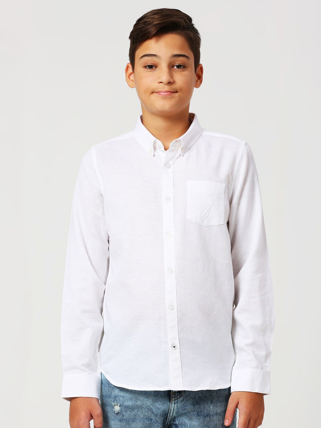

Nautica Boys Premium Spread Collar Cotton Opaque Casual Shirt, White