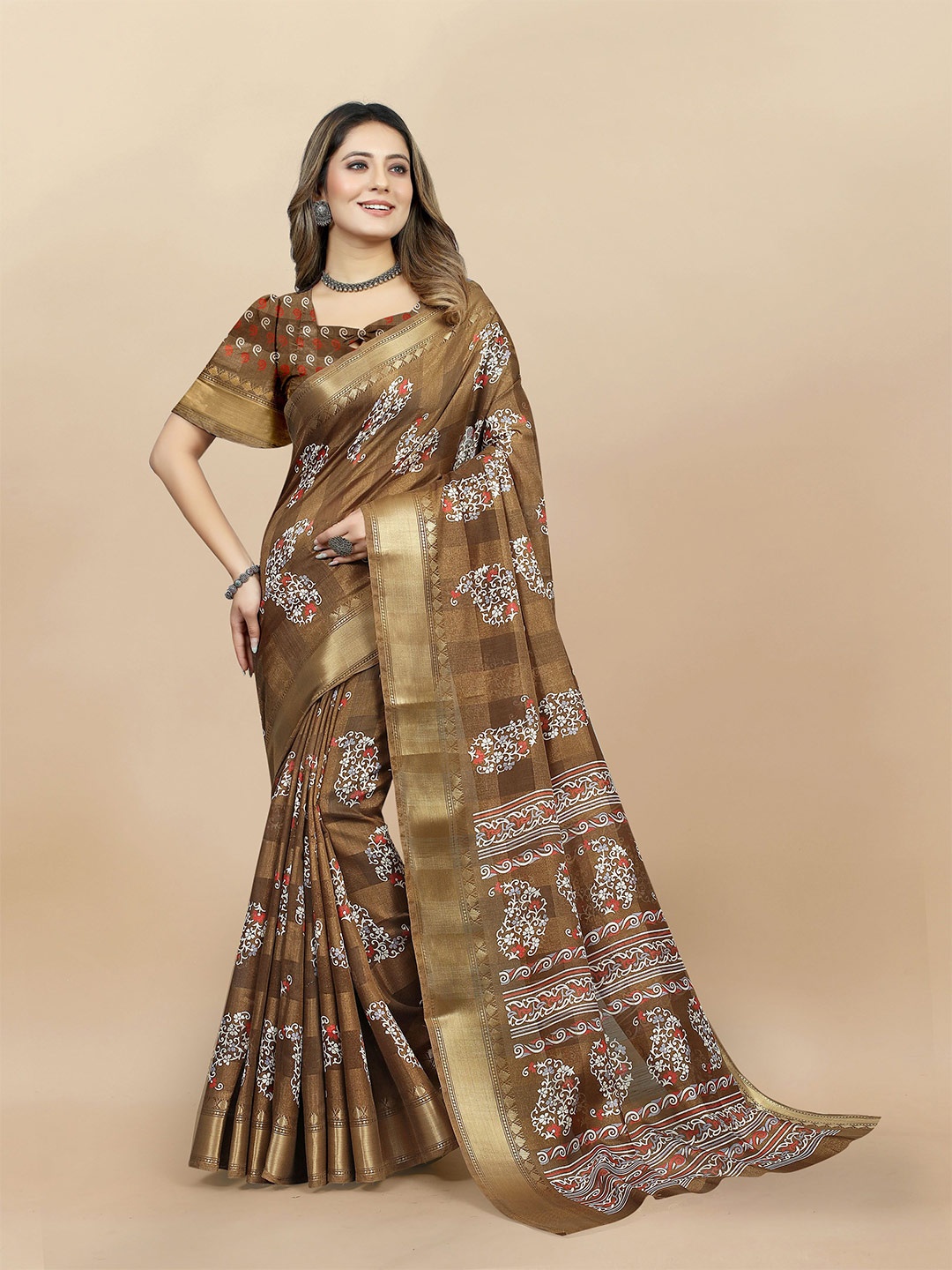 

KIMISHA Floral Zari Cotton Blend Saree With Blouse Piece, Beige