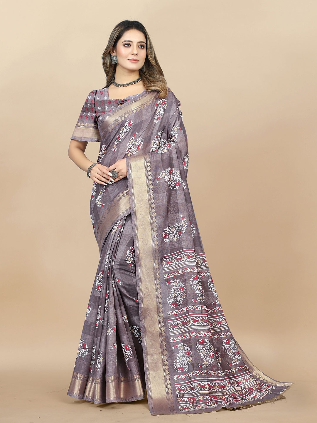 

KIMISHA Floral Zari Cotton Blend Saree With Blouse Piece, Grey