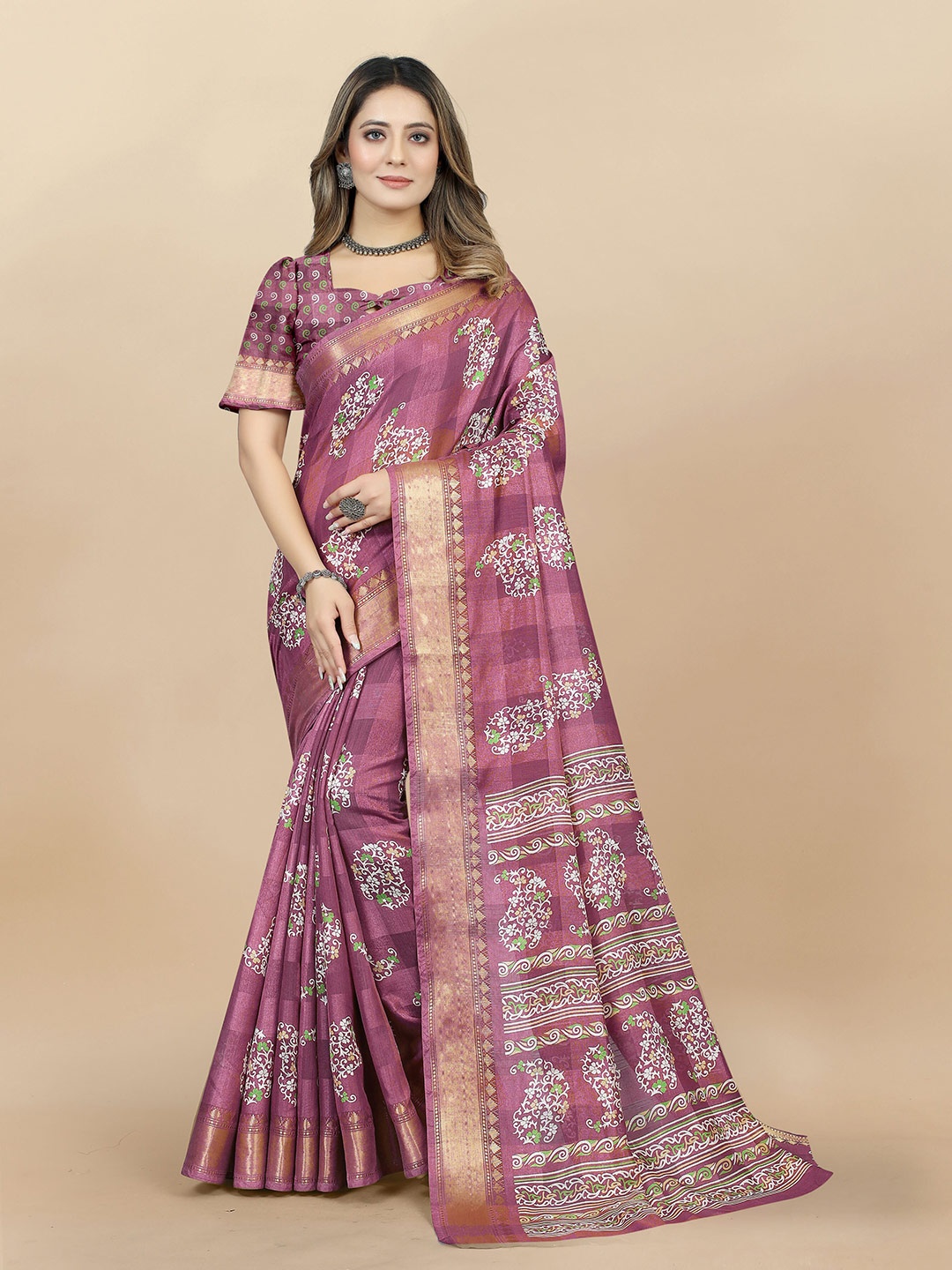 

KIMISHA Floral Zari Cotton Blend Saree With Blouse Piece, Pink