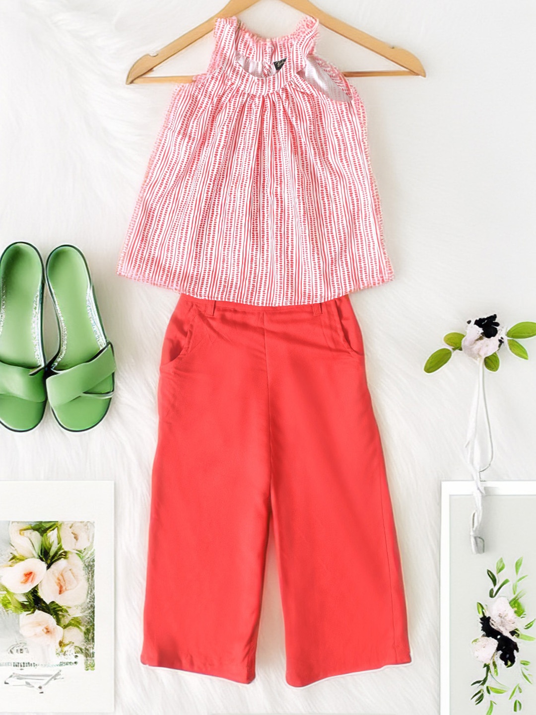 

BAESD Cotton Striped Top with Trousers, Red