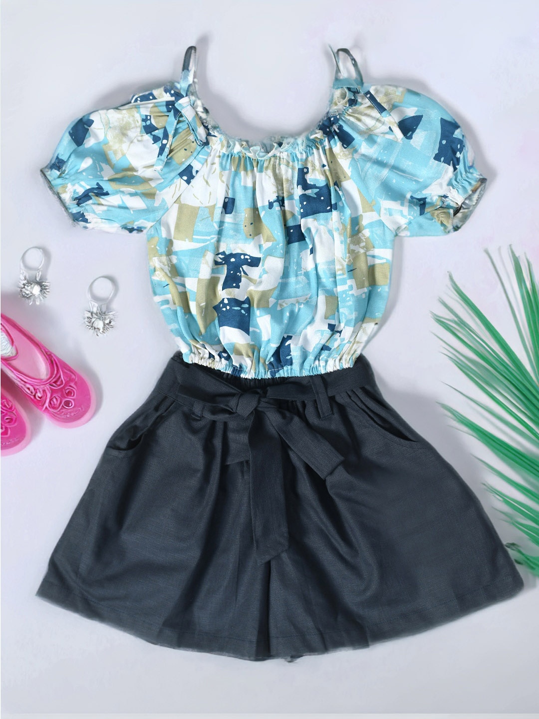 

BAESD Girls Printed Cotton Top with Shorts, Blue