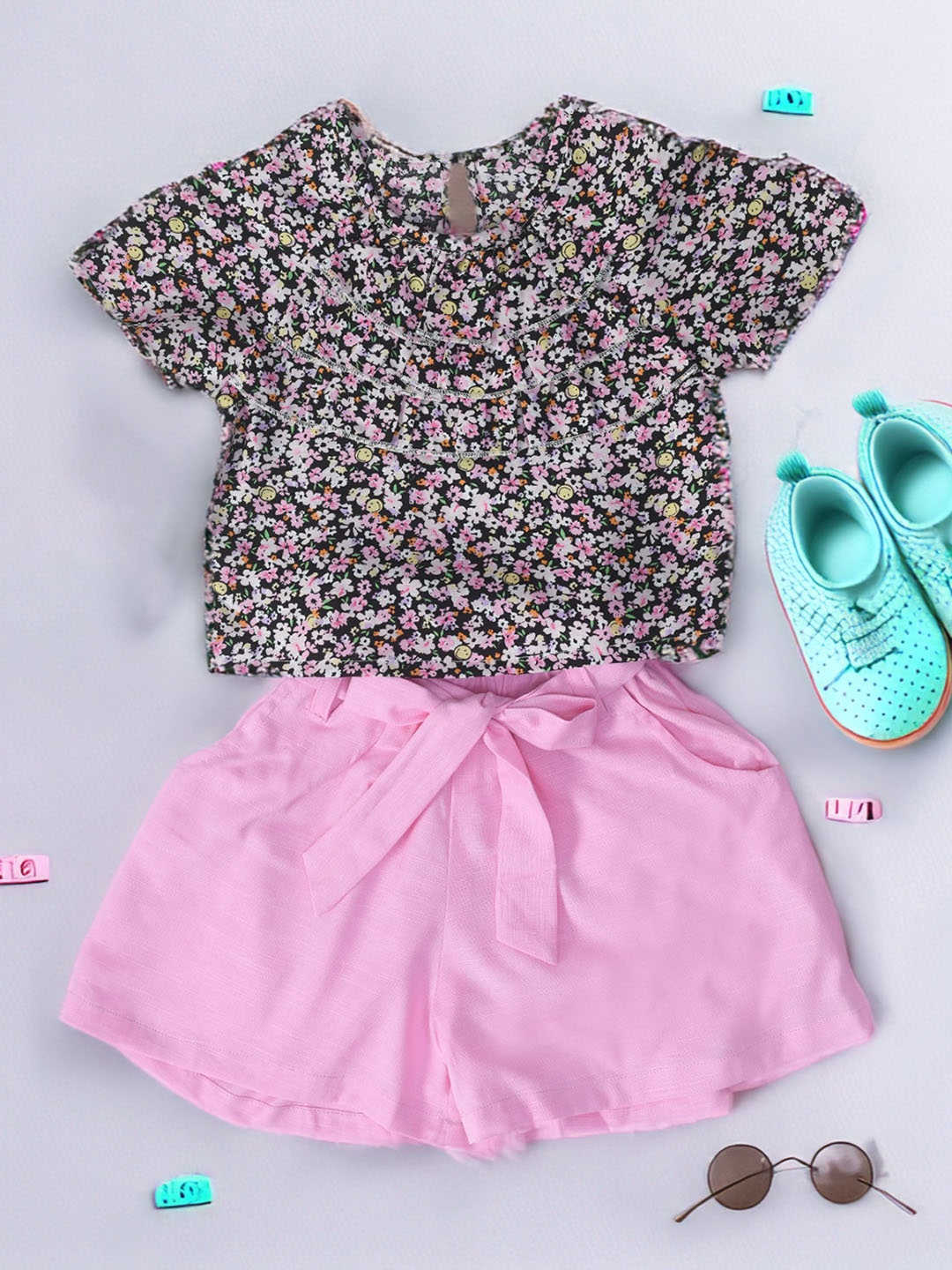 

BAESD Girls Printed Short Sleeves Pure Cotton Top With Short, Pink