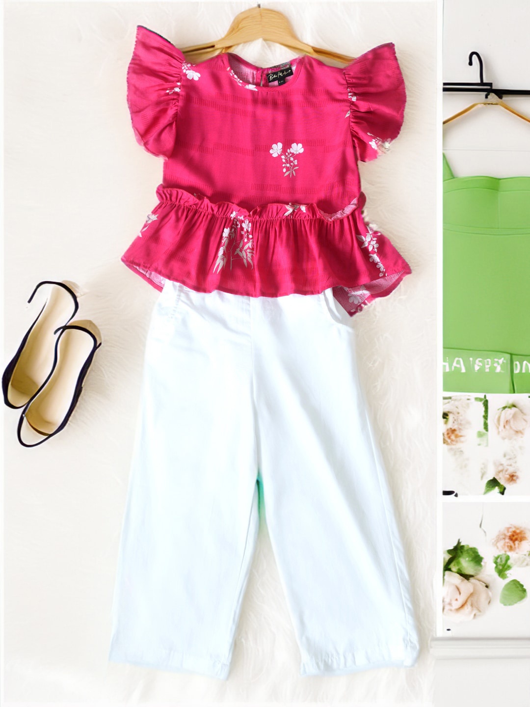 

BAESD Girls Printed Cotton Top with Trousers, White