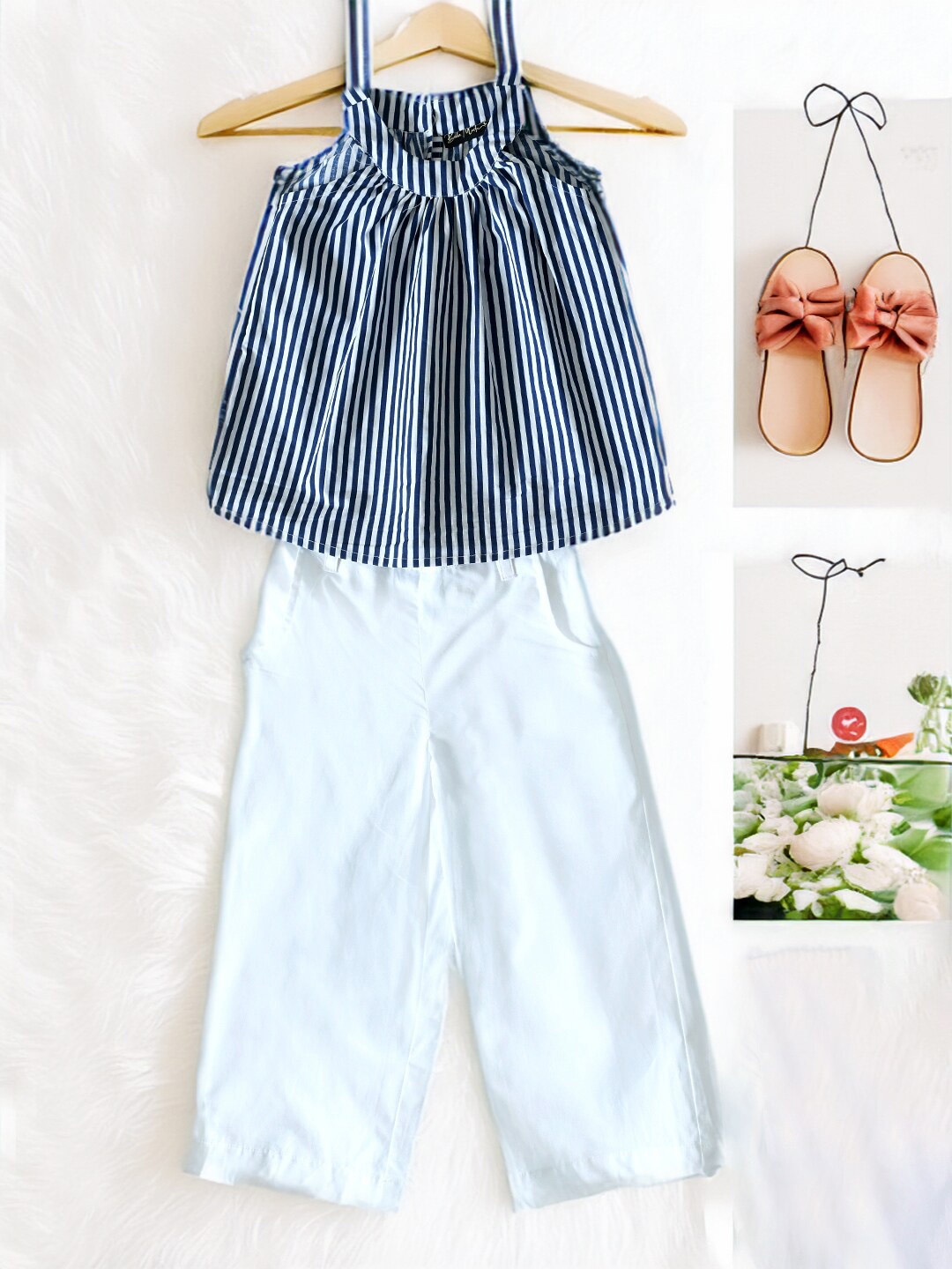 

BAESD Girls Striped Shoulder Straps Cotton Top with Trousers, White