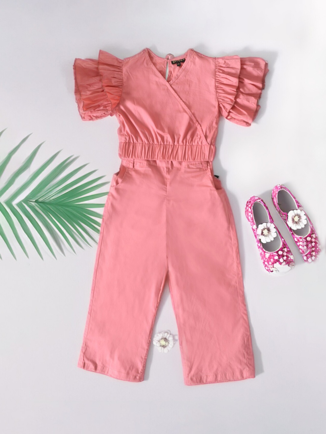 

BAESD Girls V-Neck Flared Sleeves Pure Cotton Top with Trousers, Peach