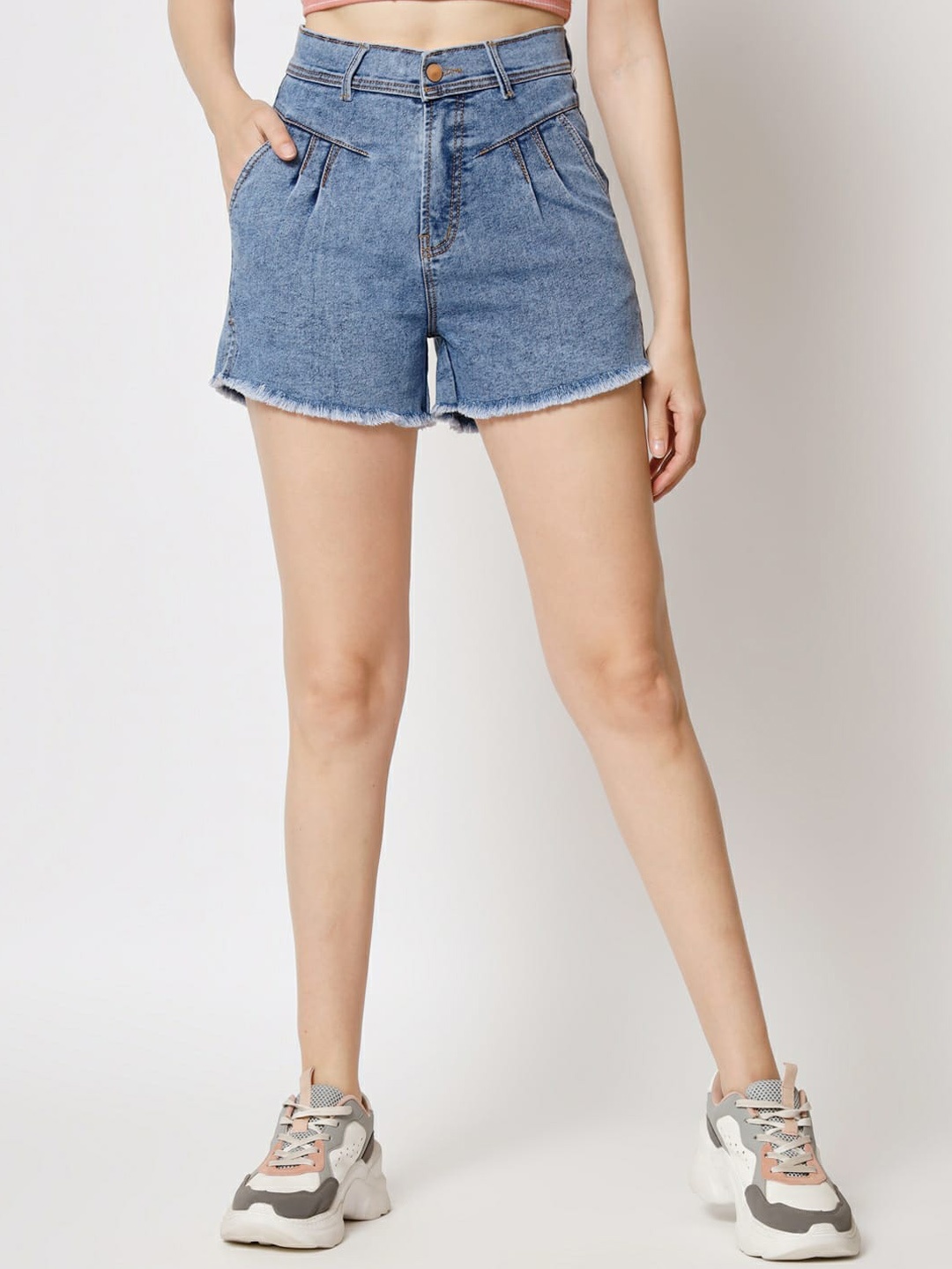 

FASHIONFIBRE Women Slim Fit High-Rise Denim Shorts, Blue