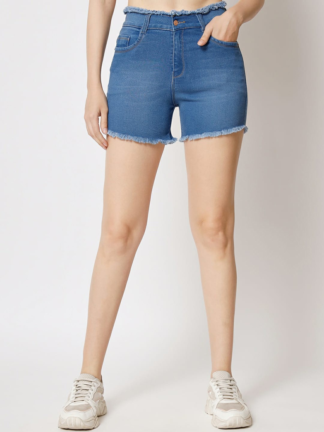 

FASHIONFIBRE Women Slim Fit High-Rise Denim Shorts, Blue