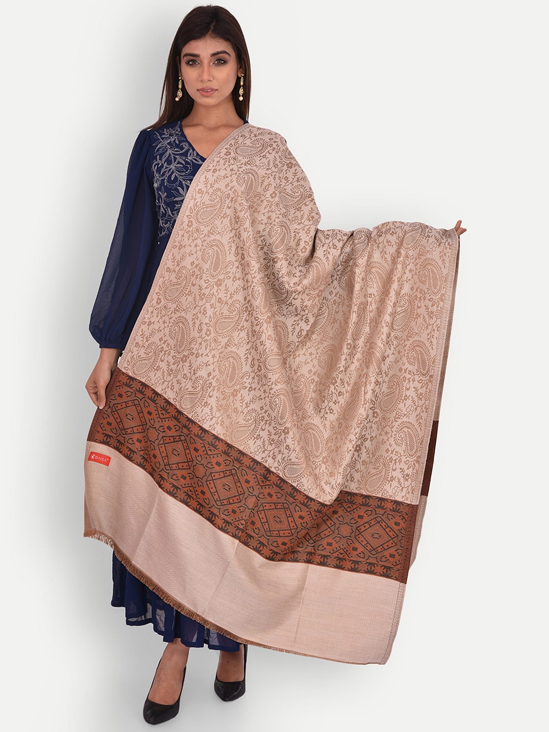 

BAISA Women Ethnic Motifs Wool Woven Design Shawl, Brown