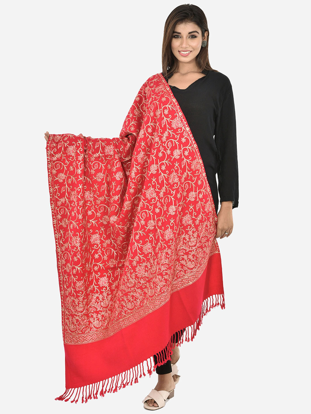 

BAISA Women Floral Wool Embroidered Shawl, Pink