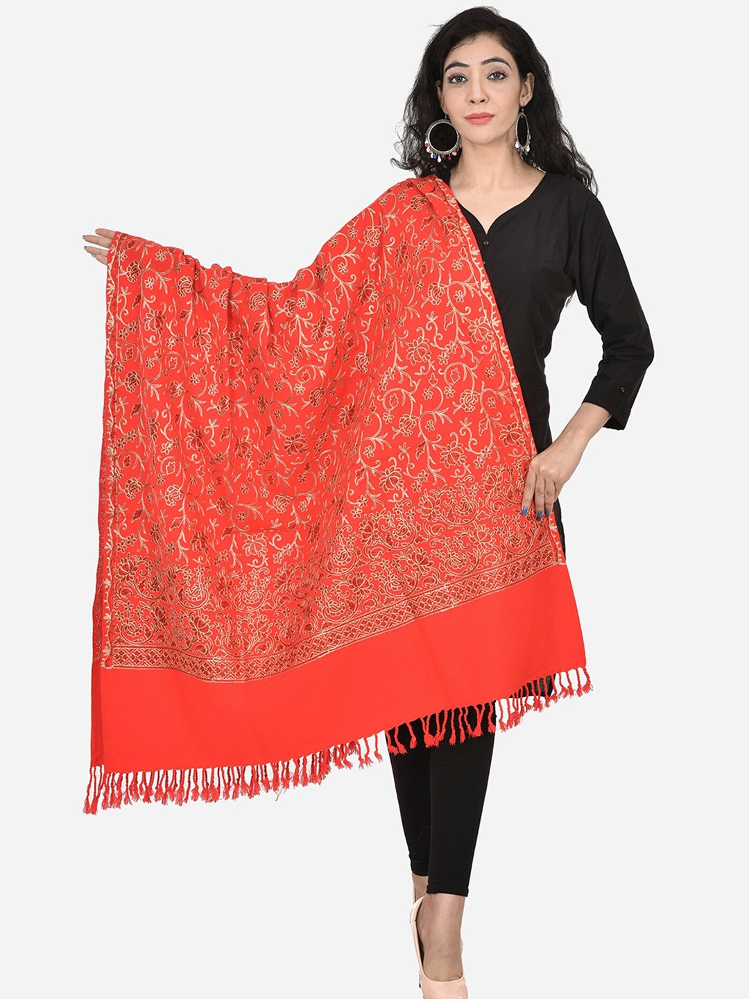 

BAISA Women Floral Wool Embroidered Shawl, Red