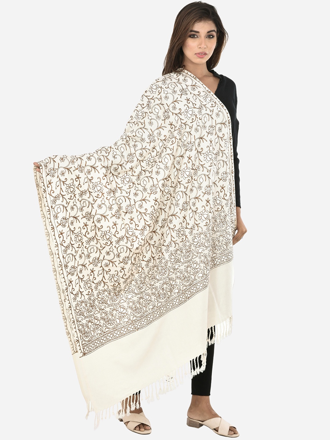 

BAISA Women Floral Wool Embroidered Shawl, White