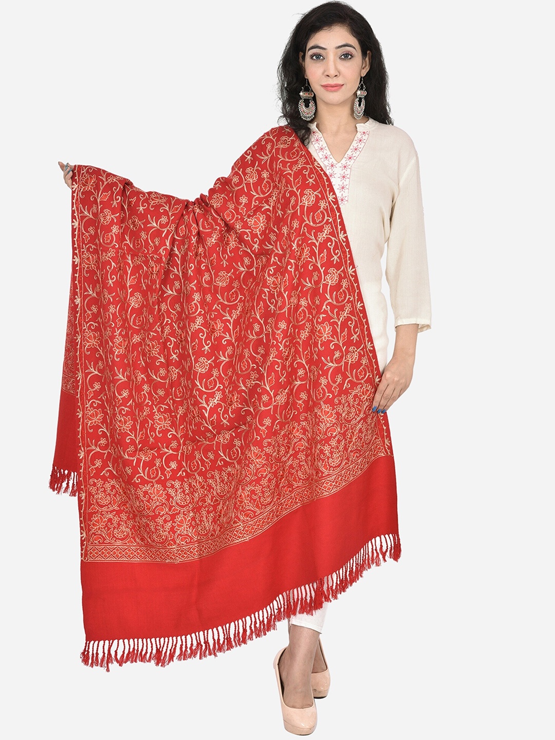 

BAISA Floral Wool Embroidered Shawl, Maroon