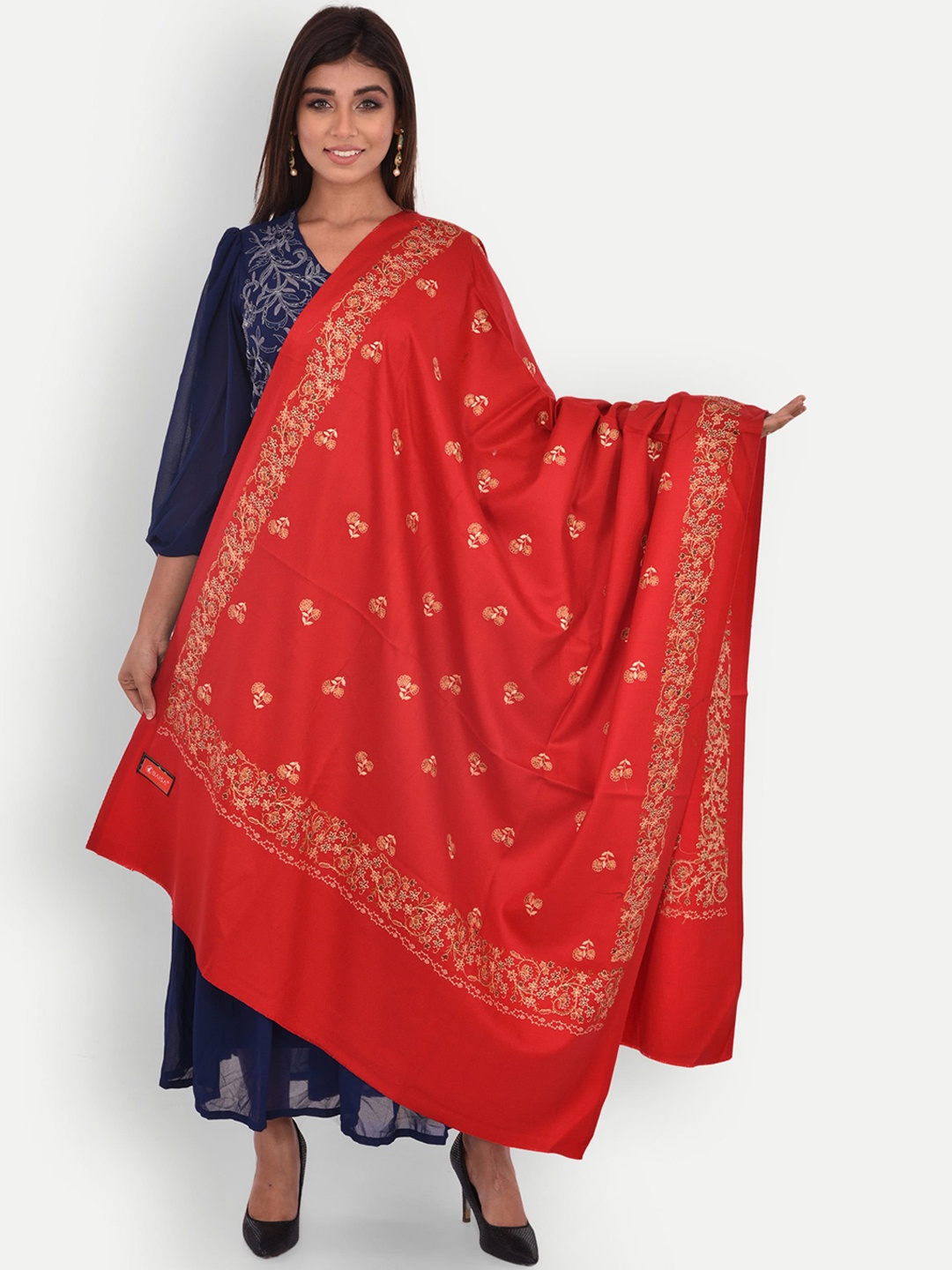 

BAISA Floral Embroidered Woollen Shawl, Red