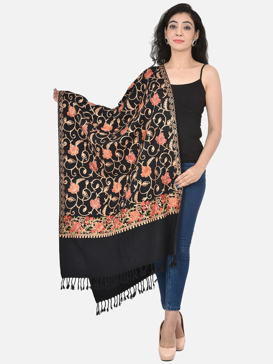 

BAISA Floral Embroidered Woollen Shawl, Black