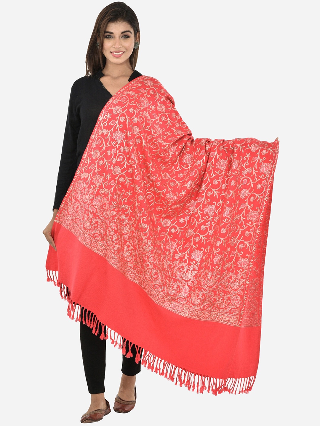 

BAISA Floral Embroidered Woollen Shawl, Pink